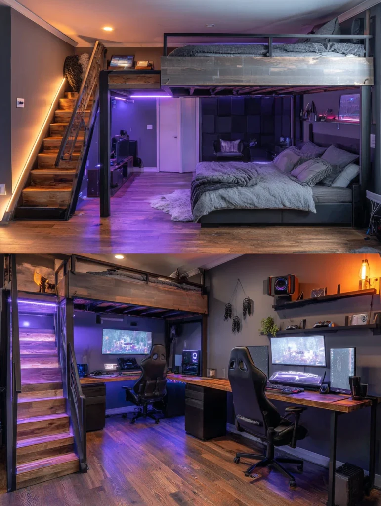 Loft Bed Bedroom Ideas: Gaming Station Paradise