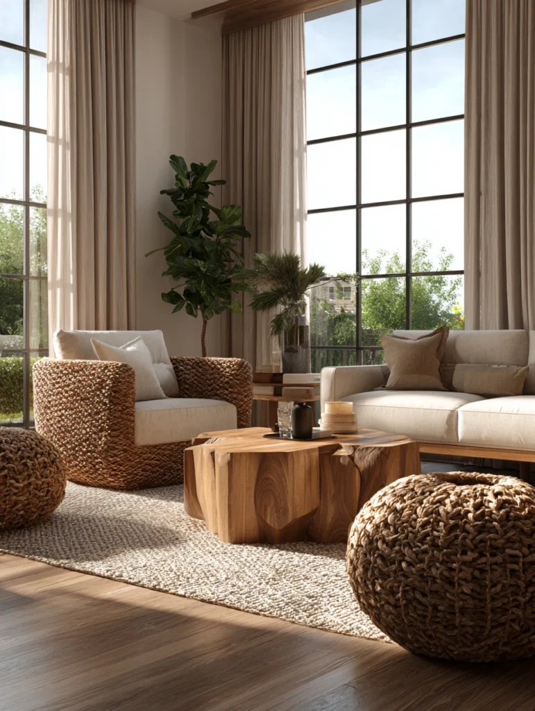 Brown and Cream Living Room Ideas: Incorporate Natural Rattan Furniture