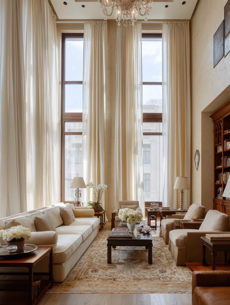 Brown and Cream Living Room Ideas: Hang Cream Linen Curtains