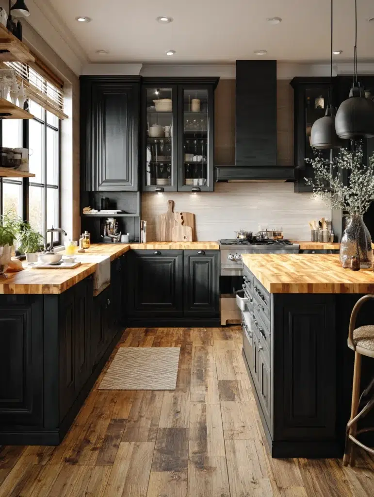 8 Black Cabinets with Butcher Block