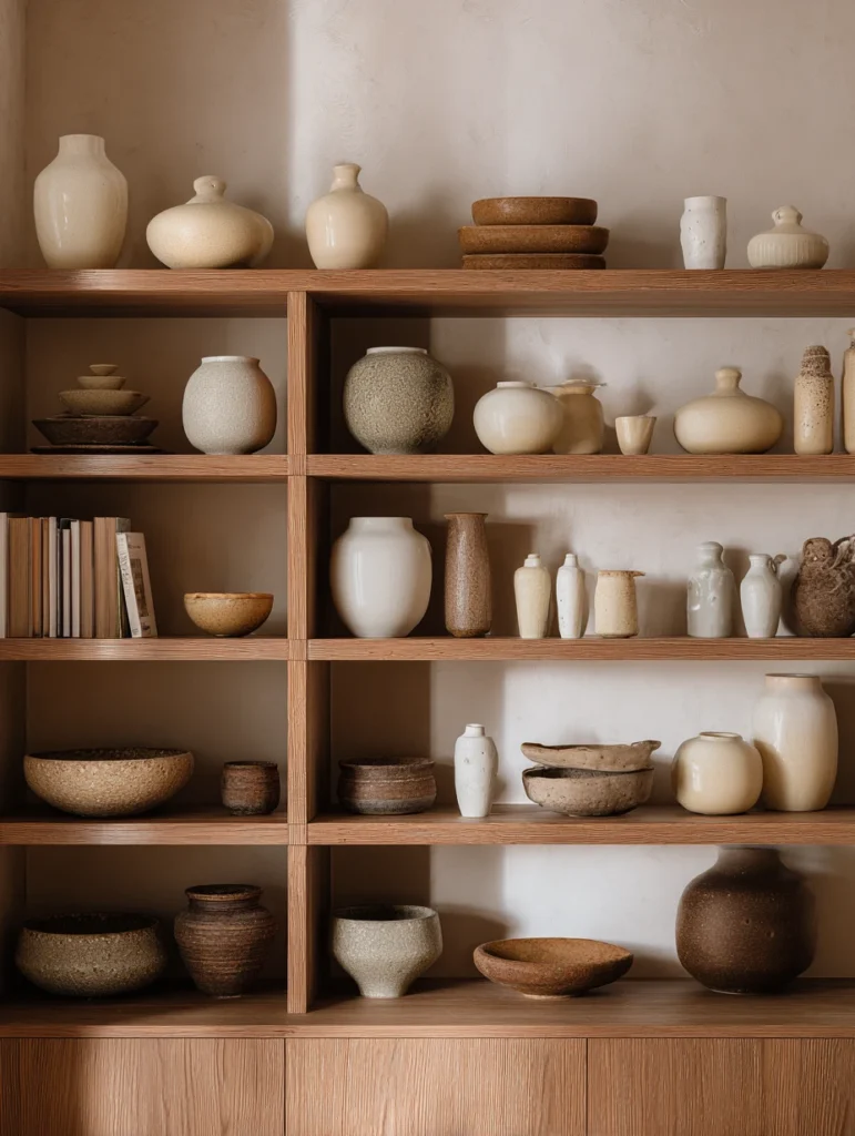 Brown and Cream Living Room Ideas: Style Shelves With Cream Ceramics