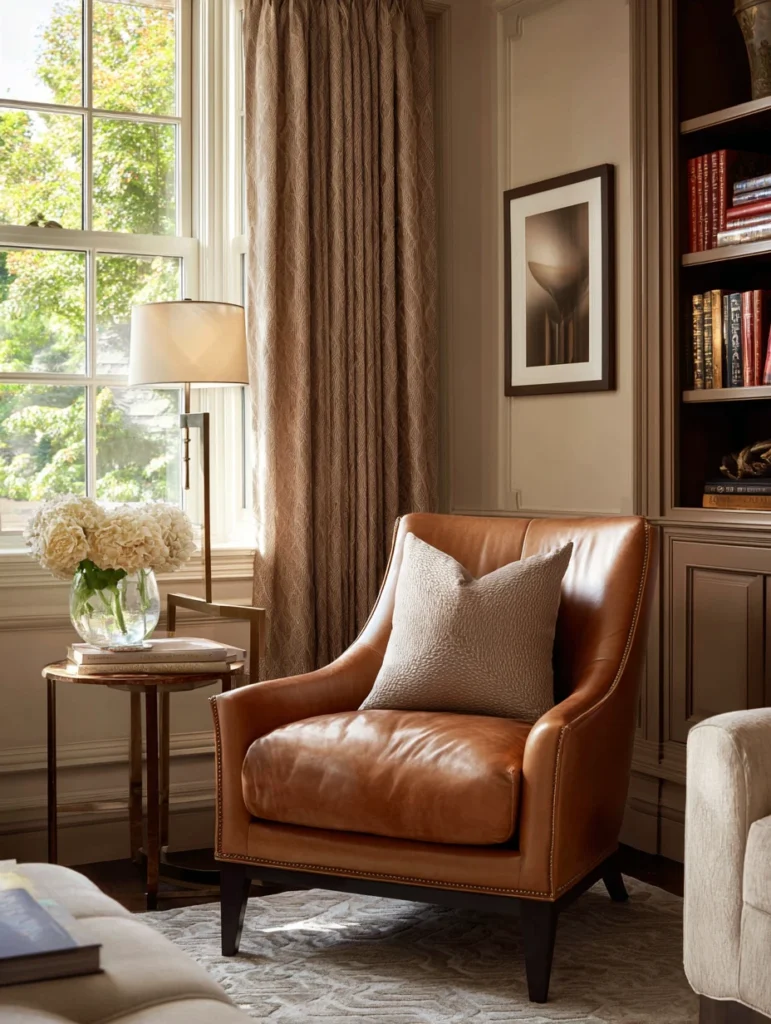 Brown and Cream Living Room Ideas: Add a Camel Leather Accent Chair
