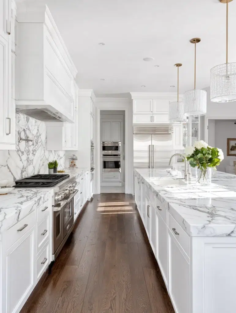 9 White Cabinets with Marble