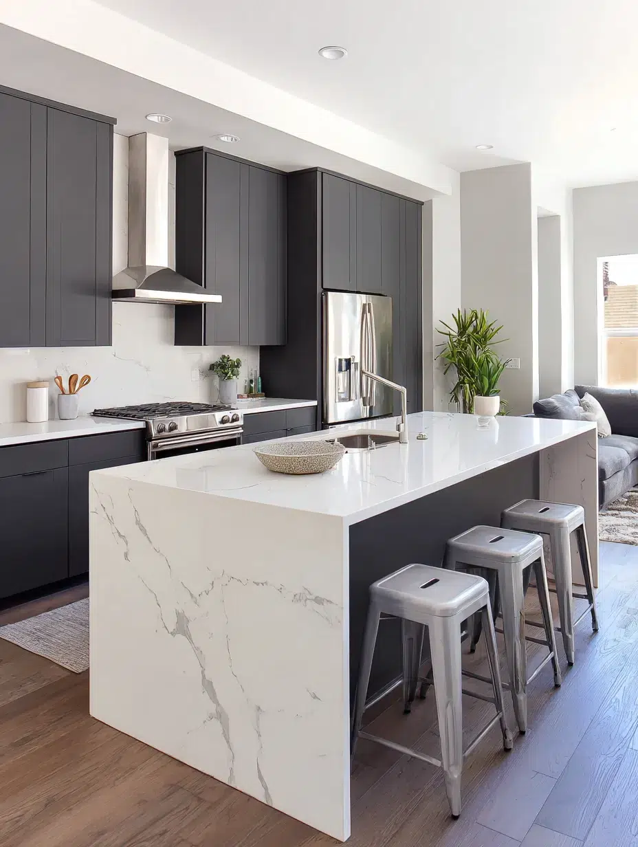 1. Charcoal Cabinets with White Quartz Countertops