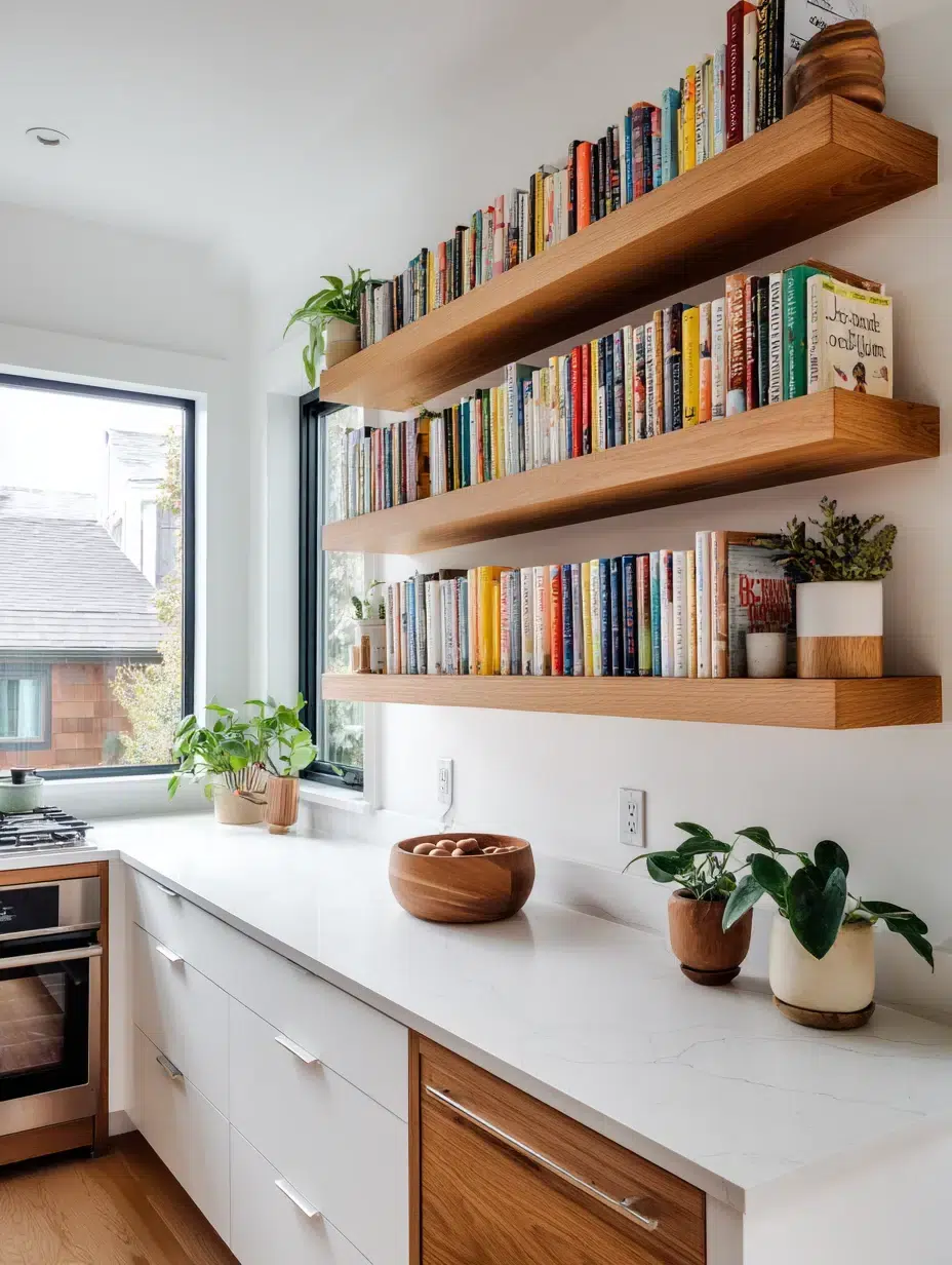 1. Floating Wooden Shelves Above the Counter