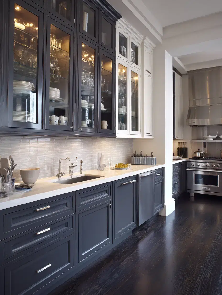 11. Dark Grey Lower Cabinets with Glass Uppers