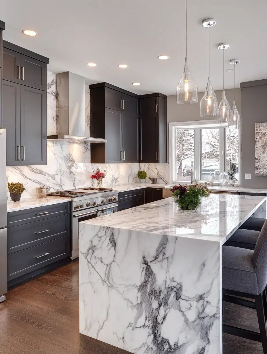 13. Dark Grey Cabinets with Marble Veining