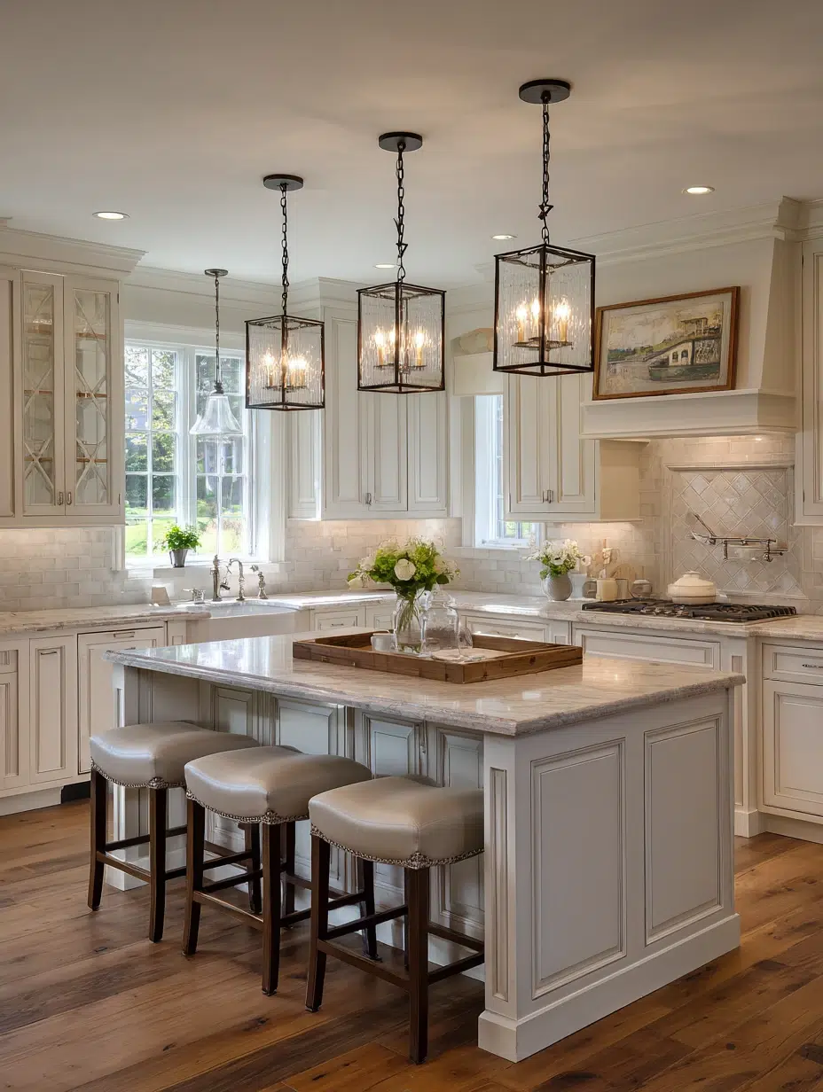 14. Traditional Pendant Lights Over Island