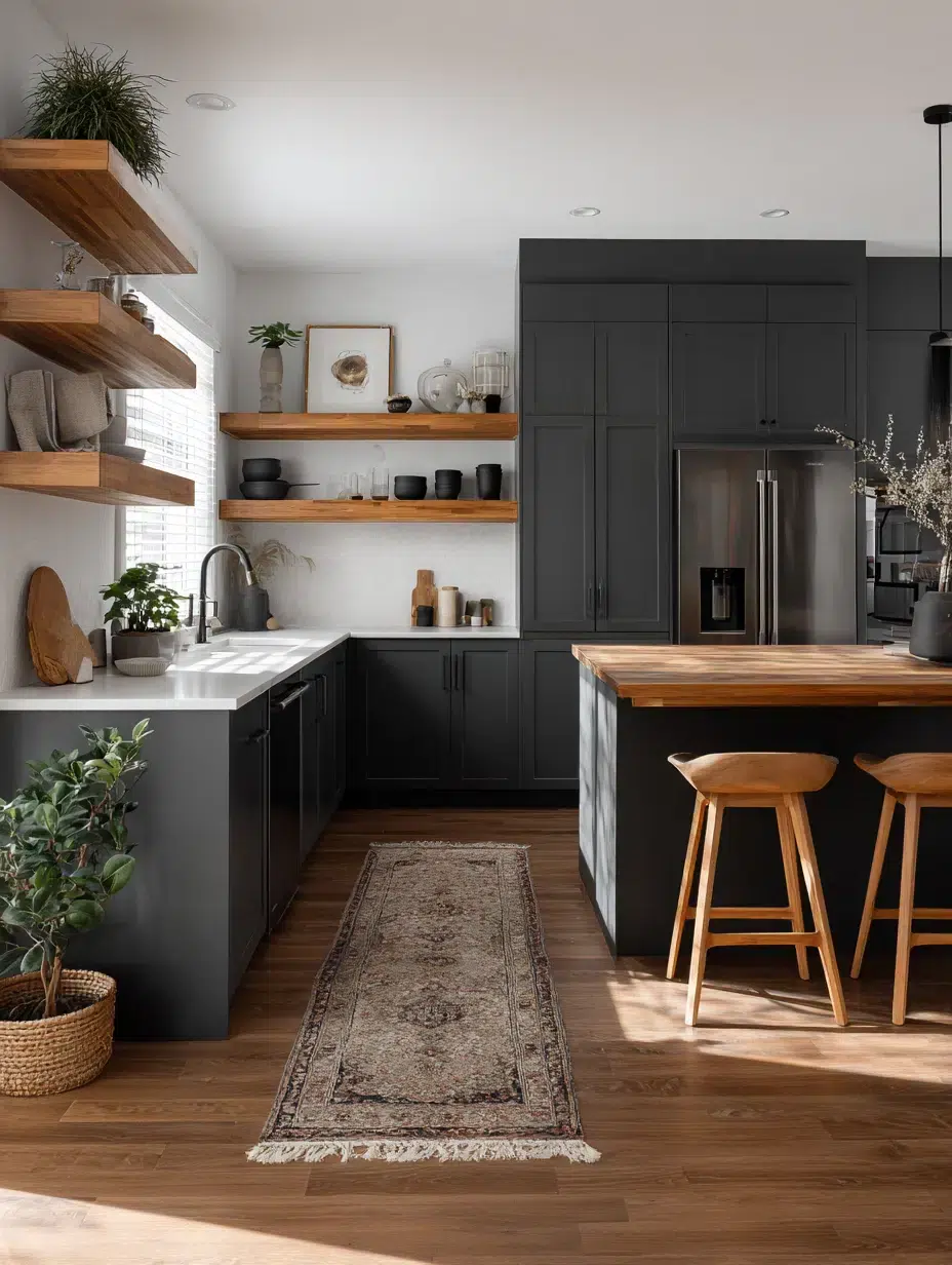 15. Dark Grey with Natural Wood Accents
