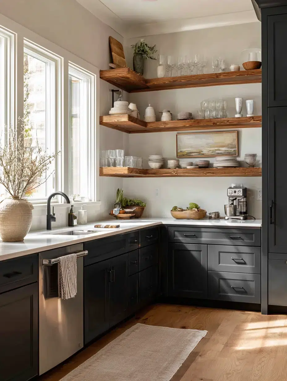 19. Dark Grey Lower Cabinets with Open Upper Shelves