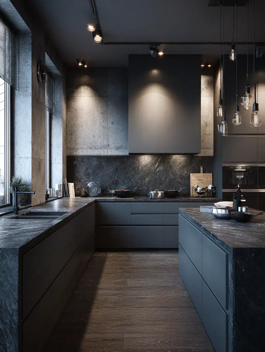 20. Smoky Grey Cabinets with Black Countertops