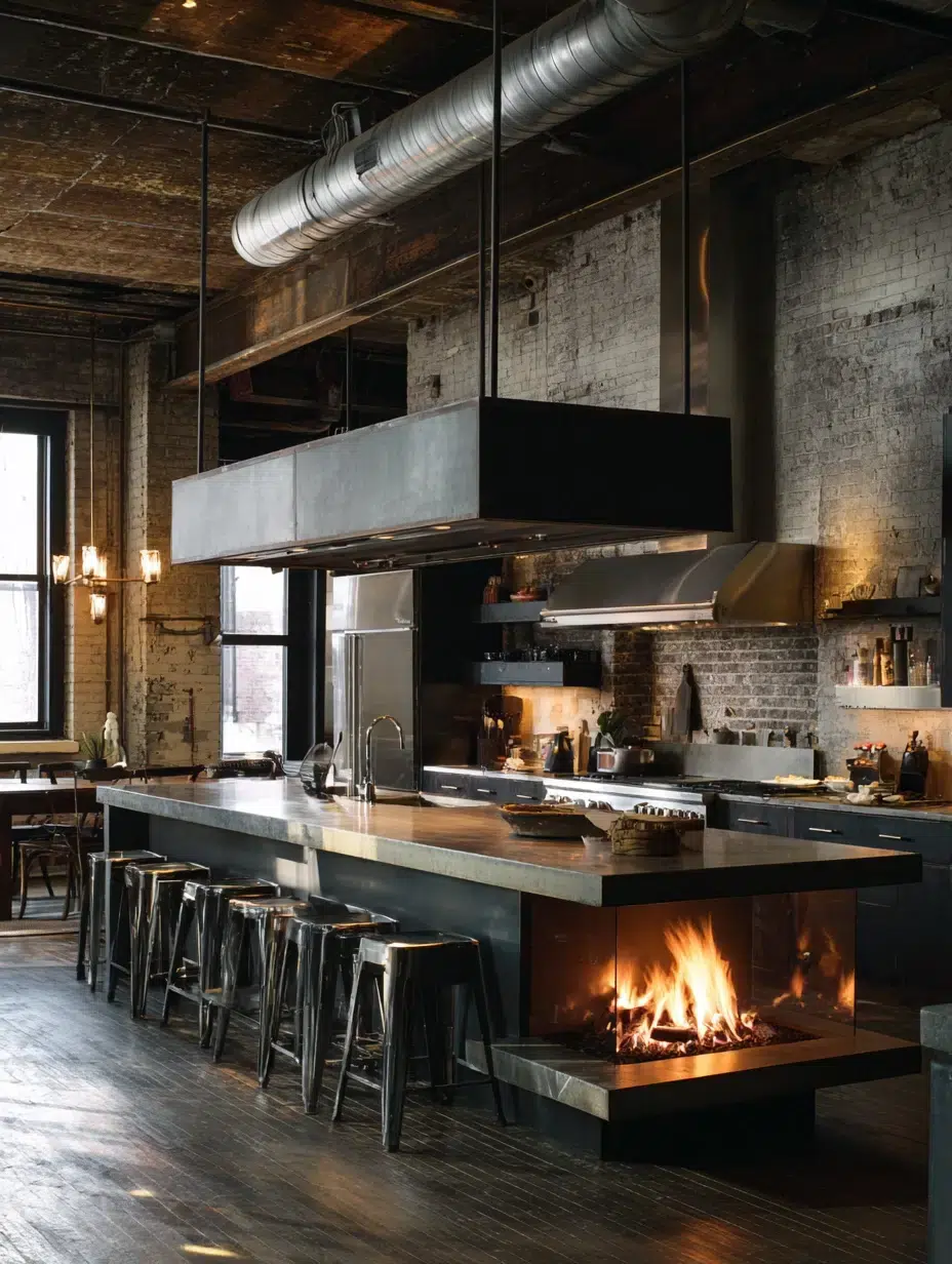 20. Suspended Metal Fireplace for Industrial Style