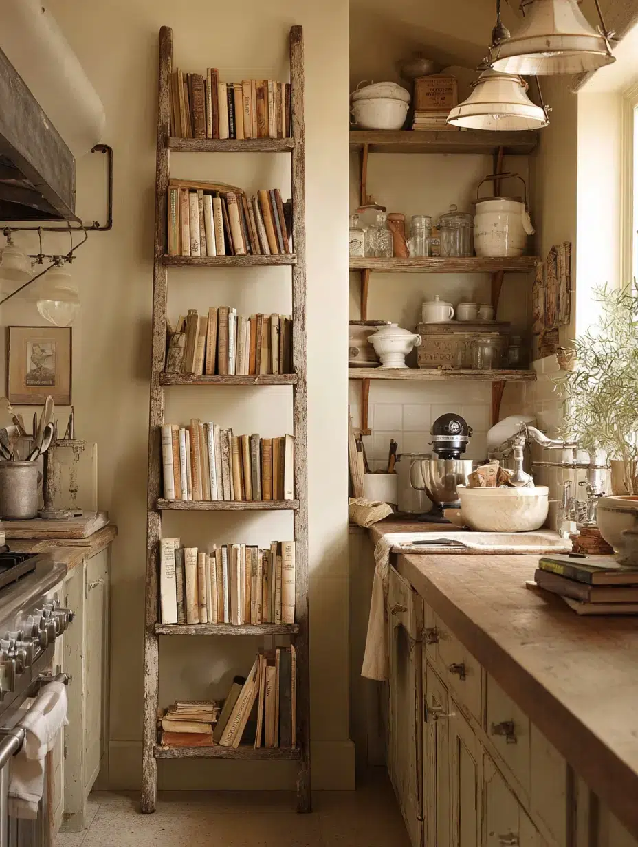 3. Vintage Ladder Shelf Against the Wall