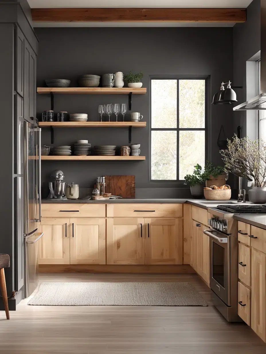 7. Open Shelving Against Dark Grey Walls