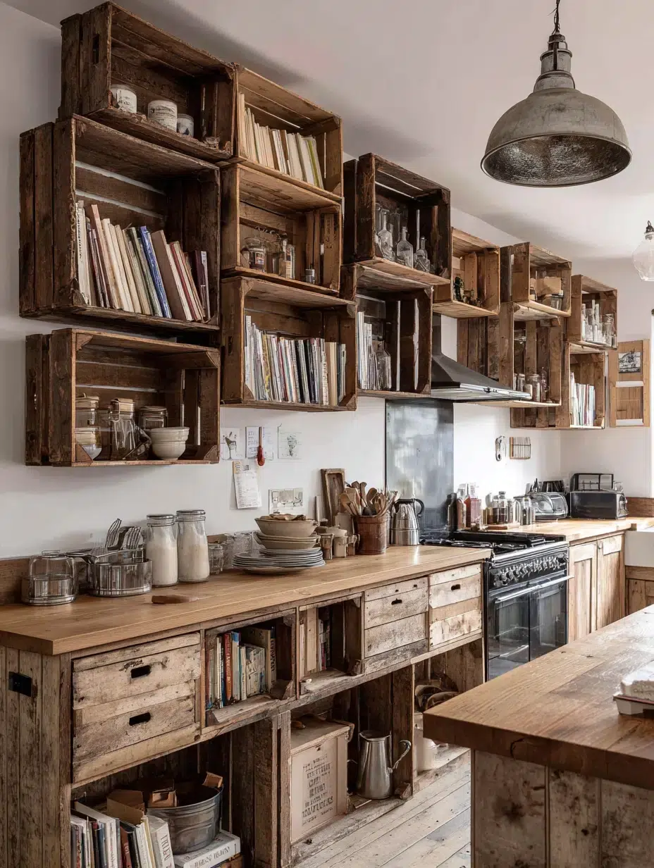 8. Reclaimed Wood Crate Shelving