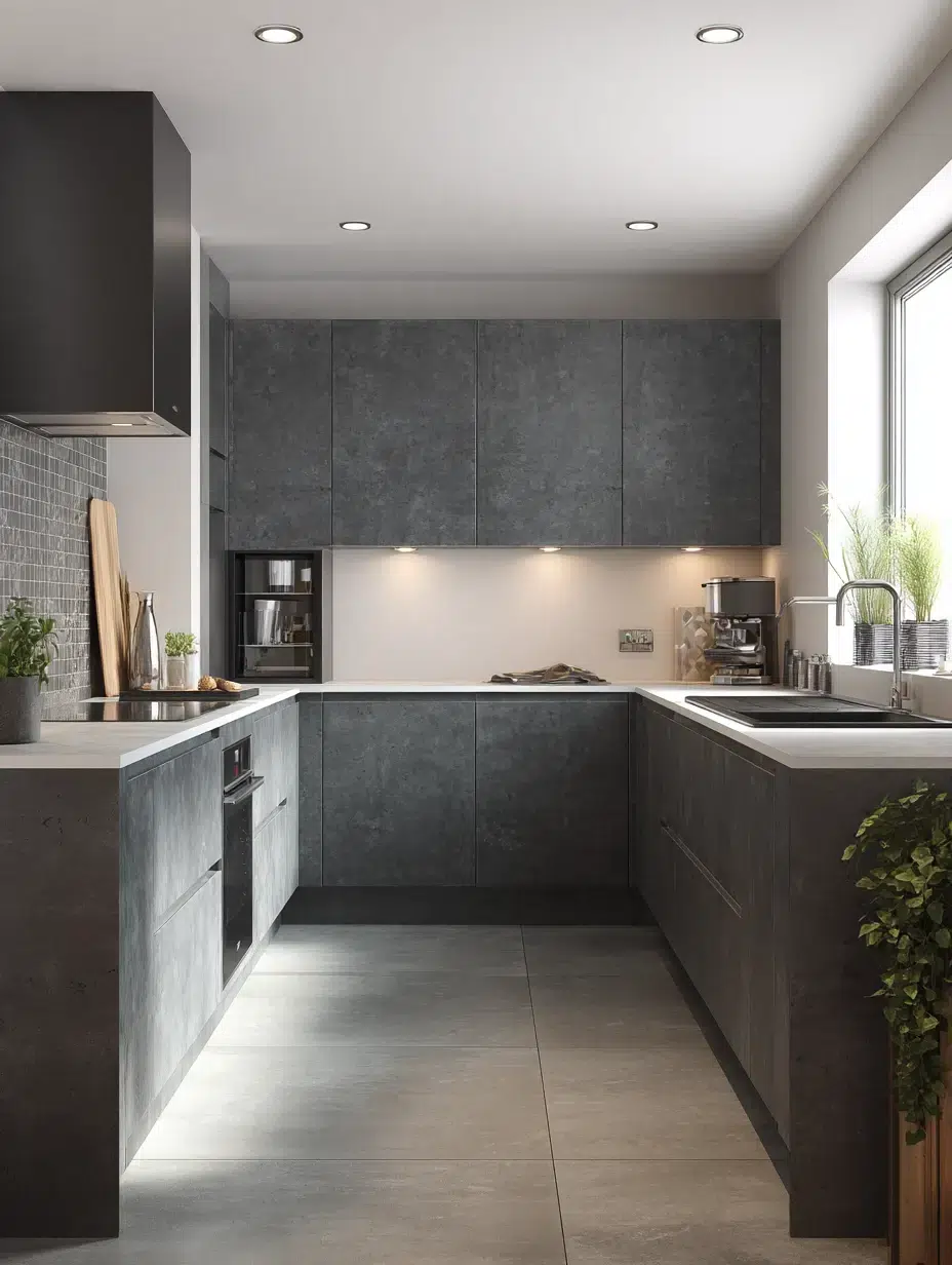 9. Dark Grey Concrete-Look Cabinets