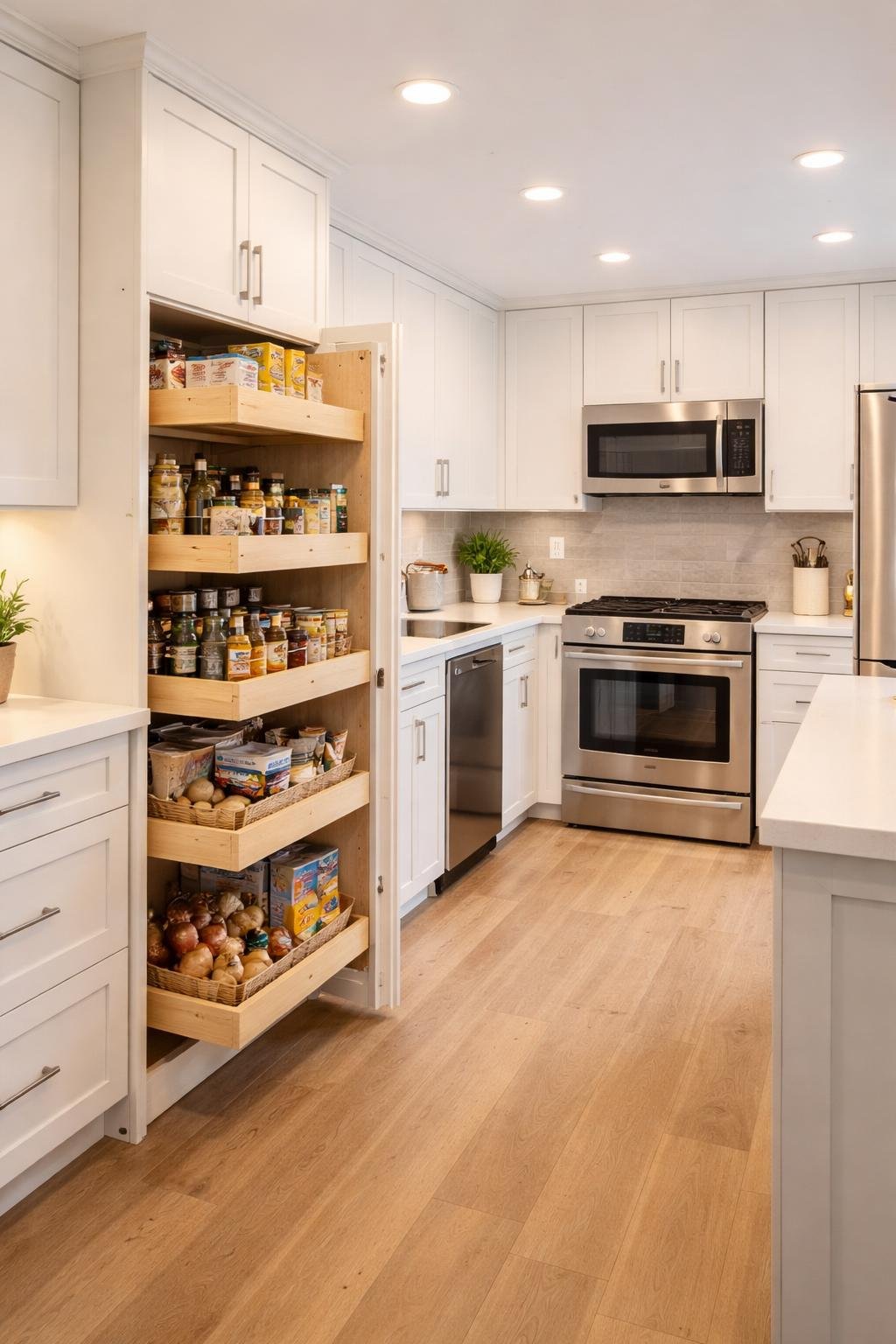 A small kitchen with pull-out pantry shelves extended, showing organized storage and all main kitchen elements visible in a wide view.