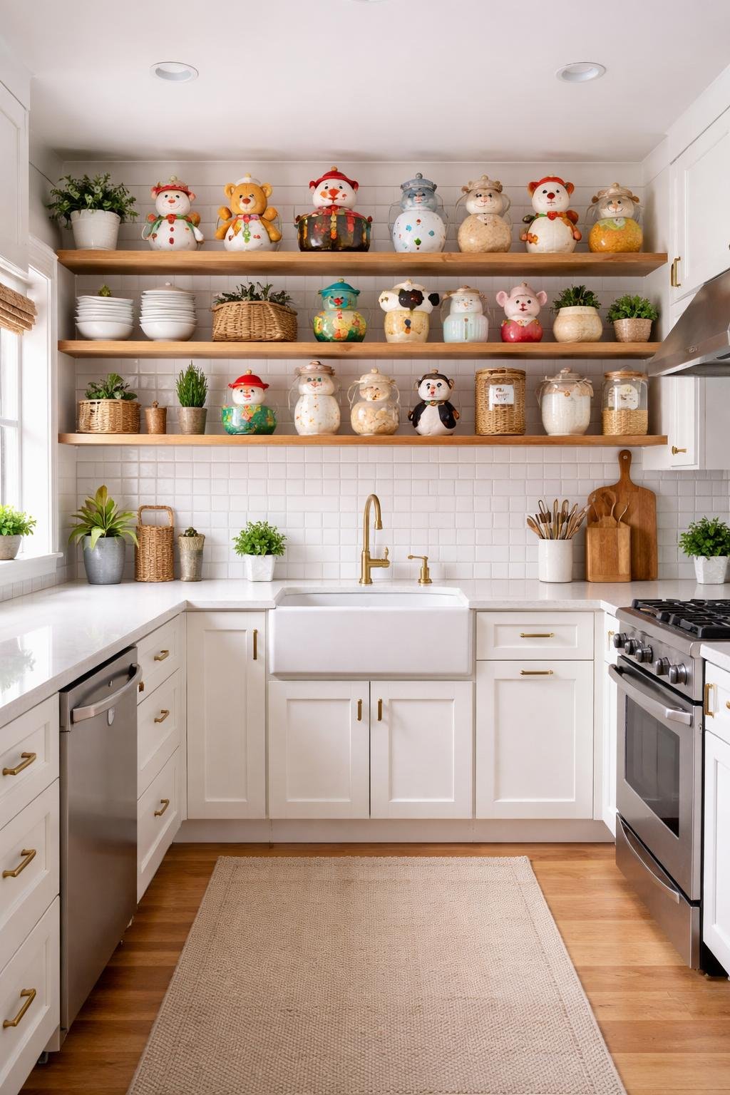 A small kitchen with open shelves displaying a collection of cookie jars, showing the entire room including cabinets, countertops, and appliances.