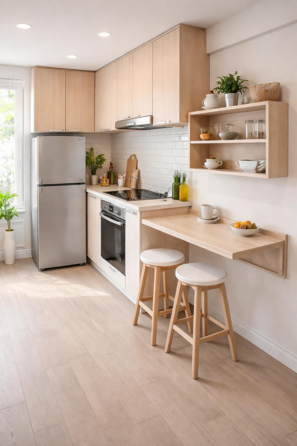 A small kitchen with a fold-down breakfast bar and two stools, showing the entire space including appliances and cabinetry.