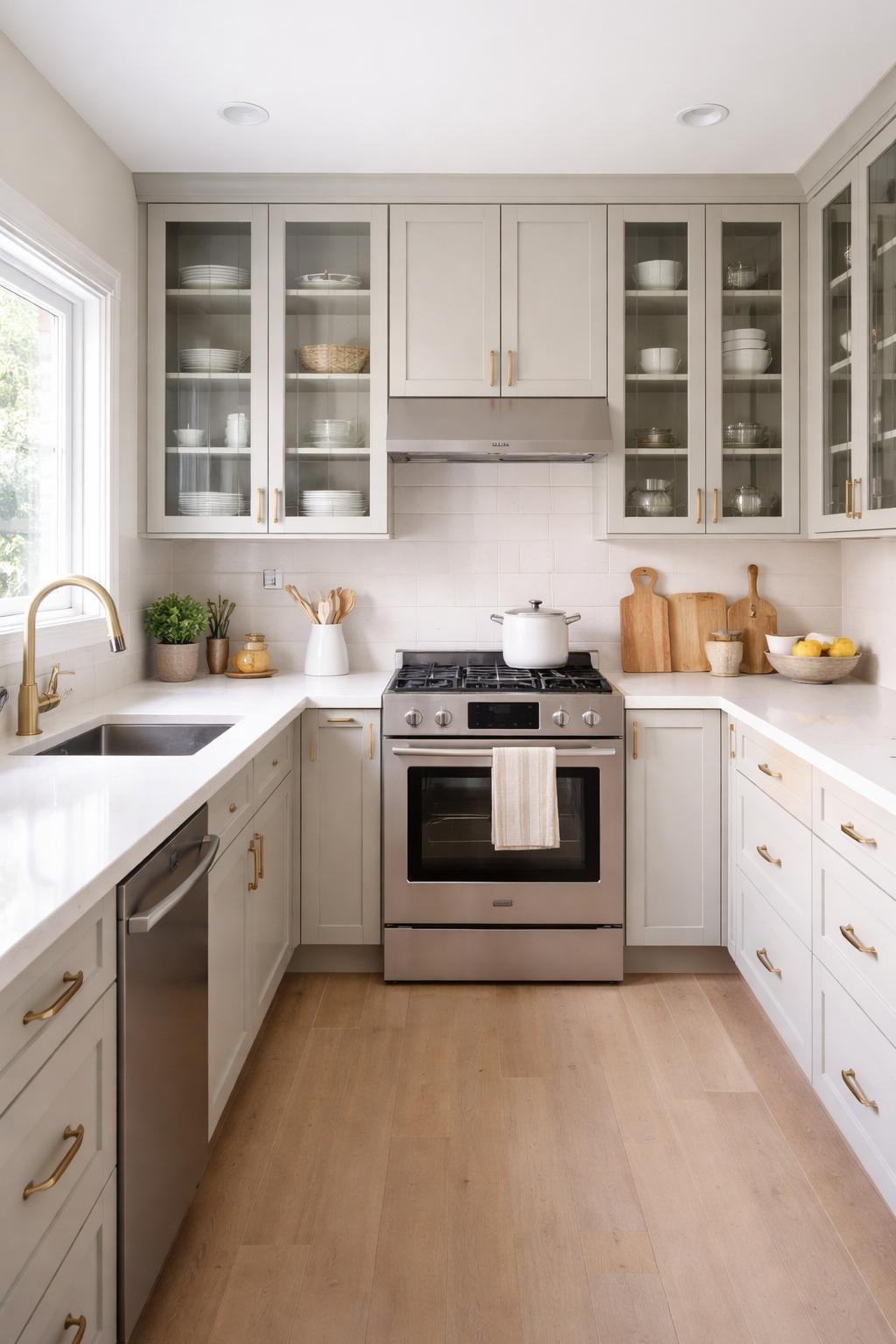 A small kitchen with glass-front cabinets showing dishes inside, a stove, sink, and clean countertops in a well-lit and organized space.