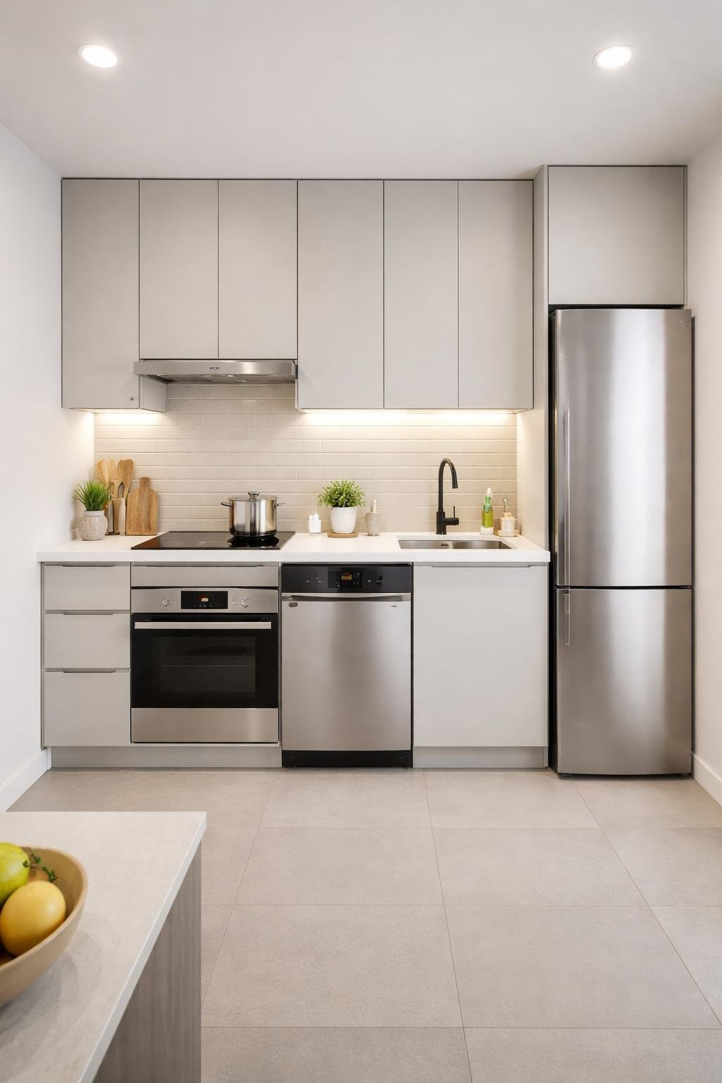 A full view of a small kitchen with a compact dishwasher integrated under the countertop, showing all main kitchen elements and a clean, organized space.