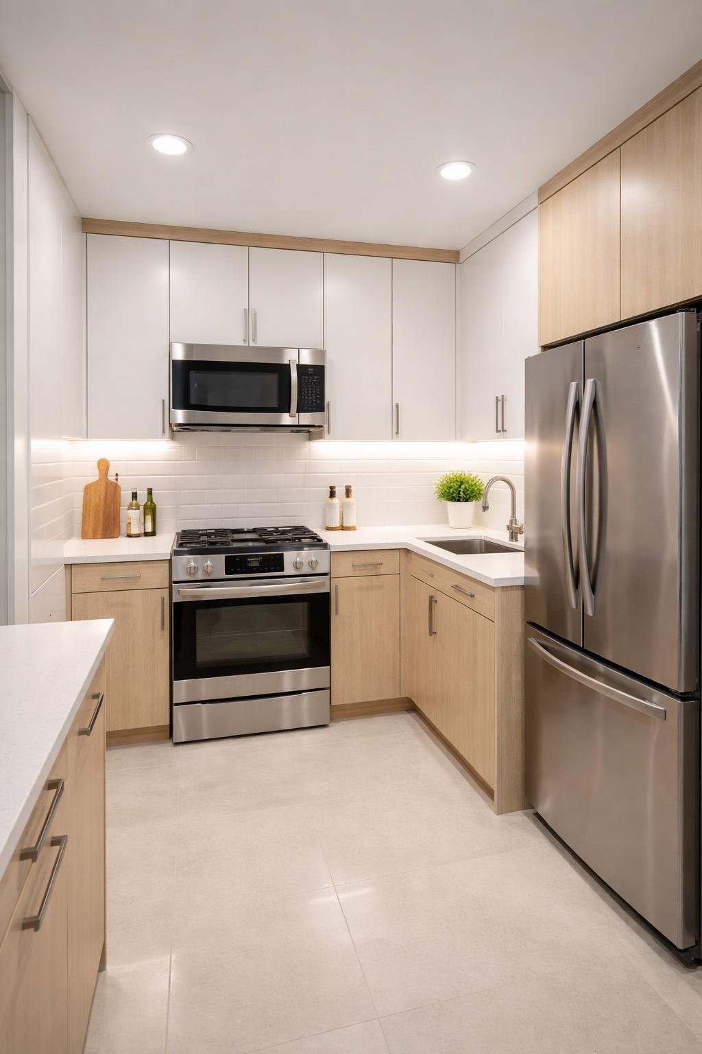 A small kitchen with bright under-cabinet LED lights illuminating the countertops, showing the entire space including cabinets, stove, sink, and refrigerator.
