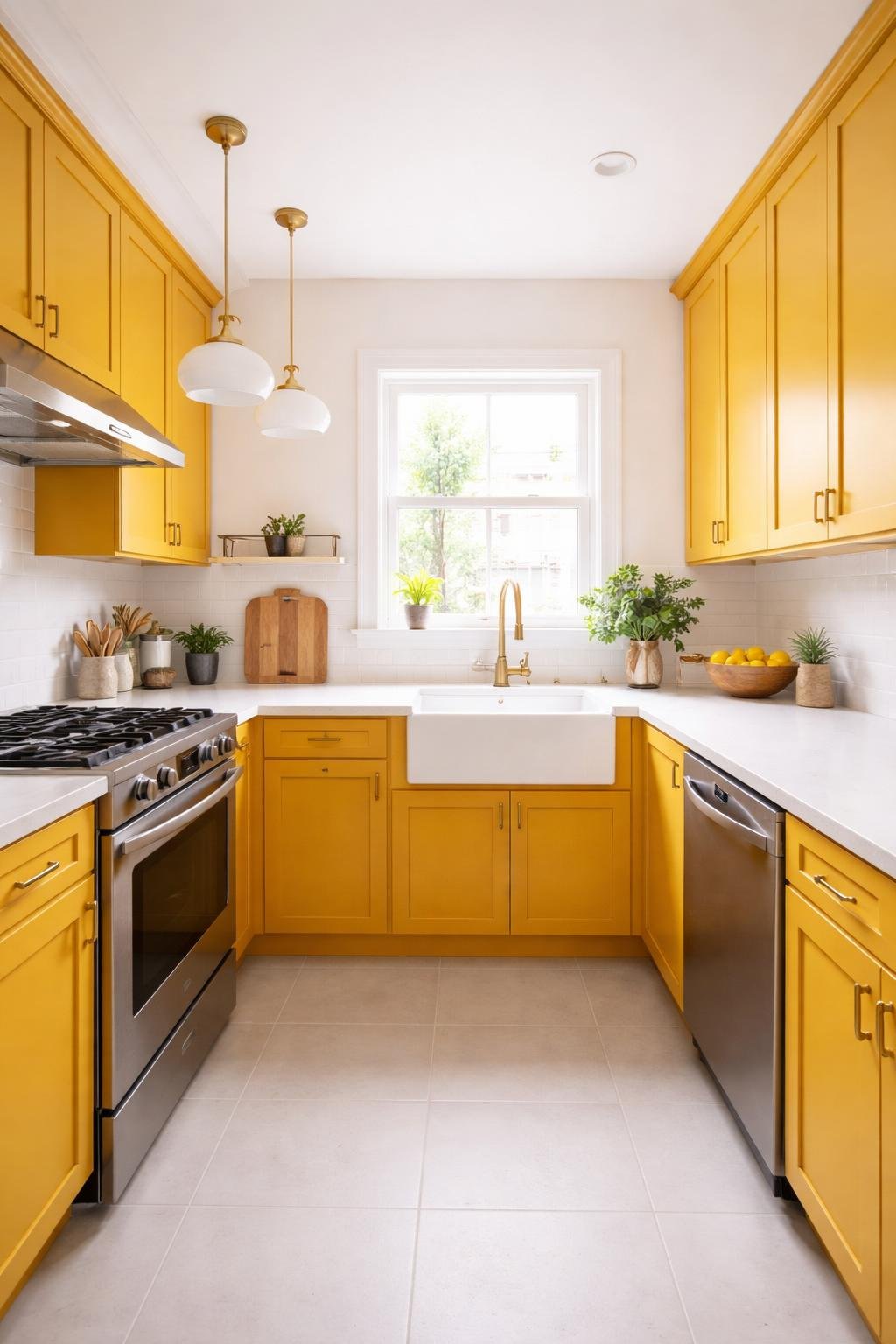 A small kitchen with bold-colored cabinets, modern appliances, and natural light filling the space.