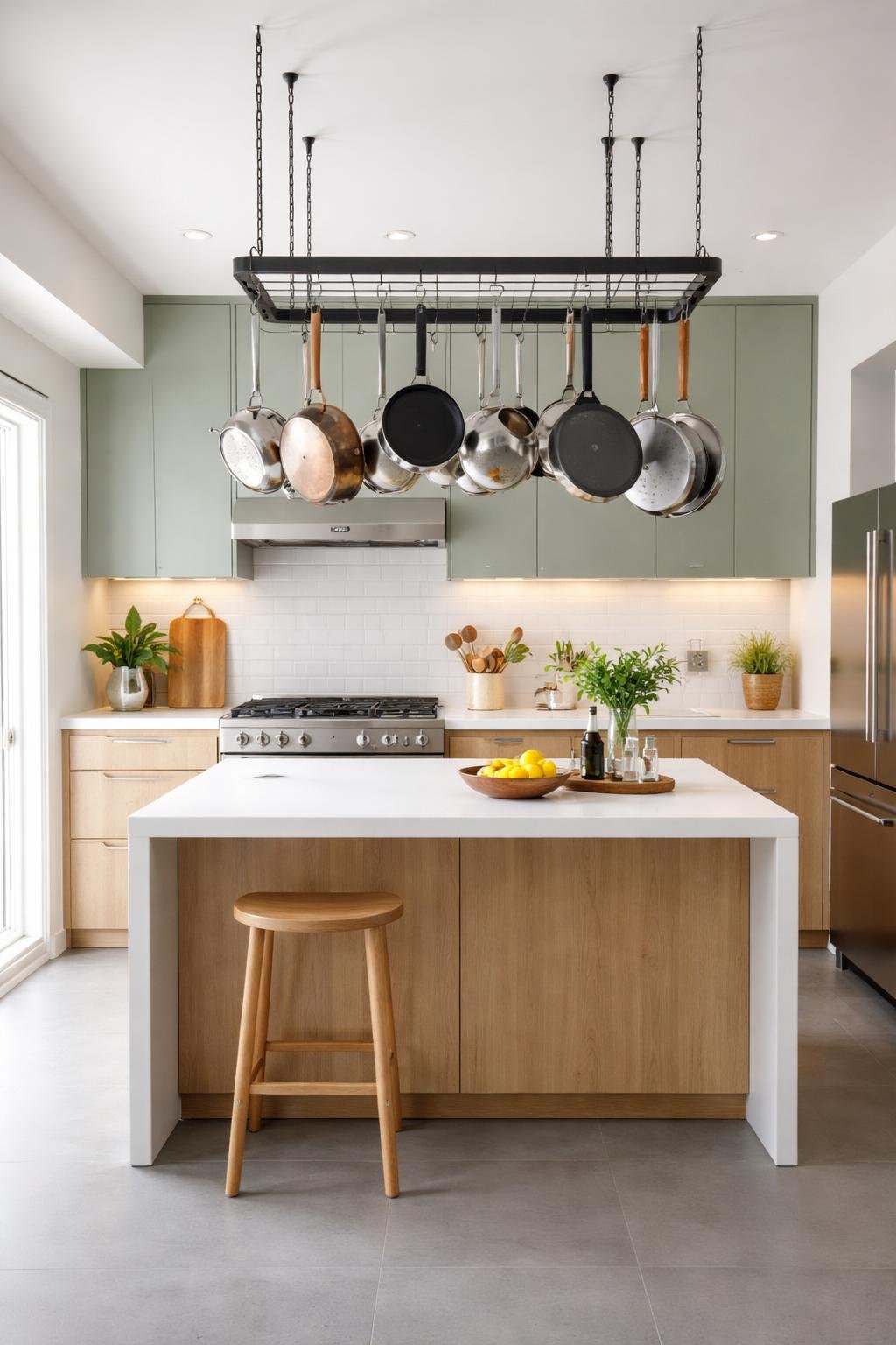 A small kitchen with a hanging pot rack above the countertop displaying various pots and pans, with cabinets, appliances, and a clean floor visible in the room.