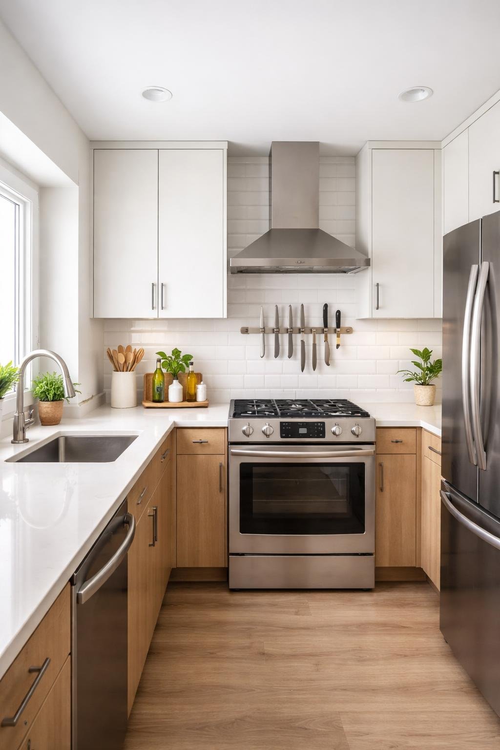 Wide view of a small kitchen with a magnetic knife strip on the wall holding knives, clean countertops, and all essential kitchen appliances.