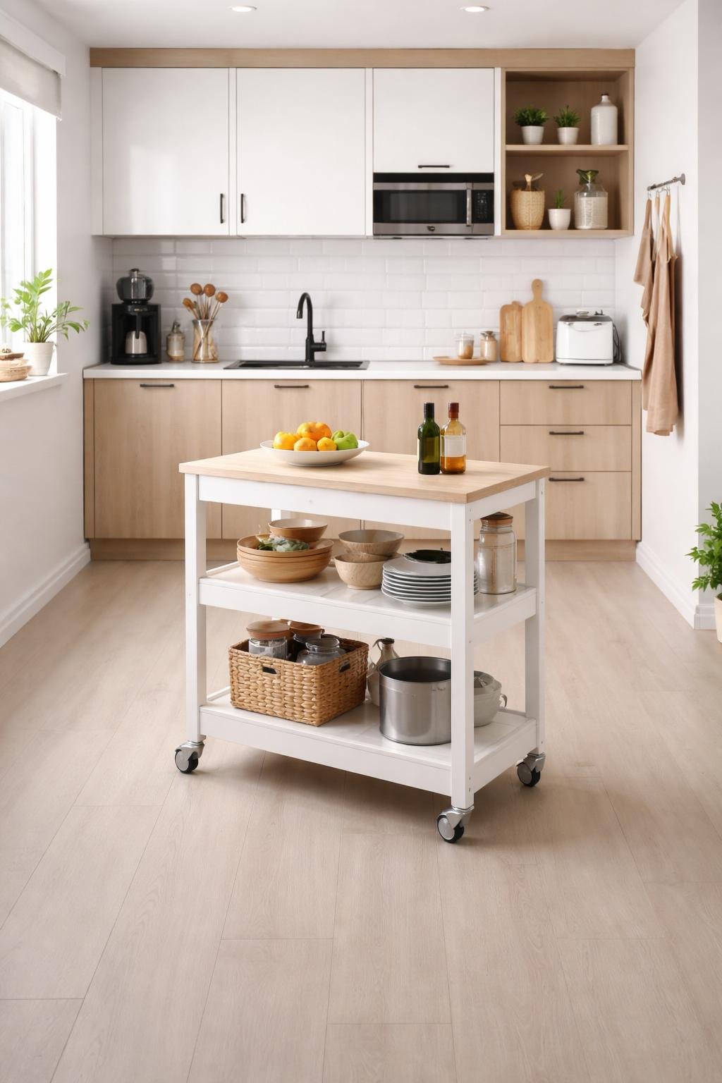 A full view of a small kitchen with a rolling cart in the center that serves as storage and open space, showing the entire room with compact cabinets and clean flooring.