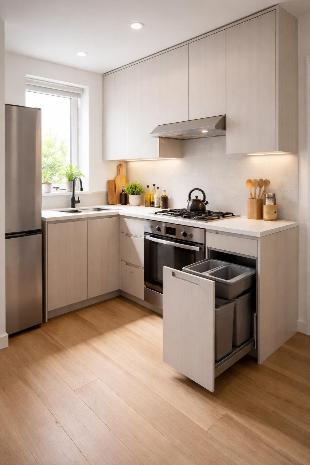 A full view of a small modern kitchen with a slim pull-out trash bin integrated into the cabinetry, featuring clean countertops, appliances, and natural light.