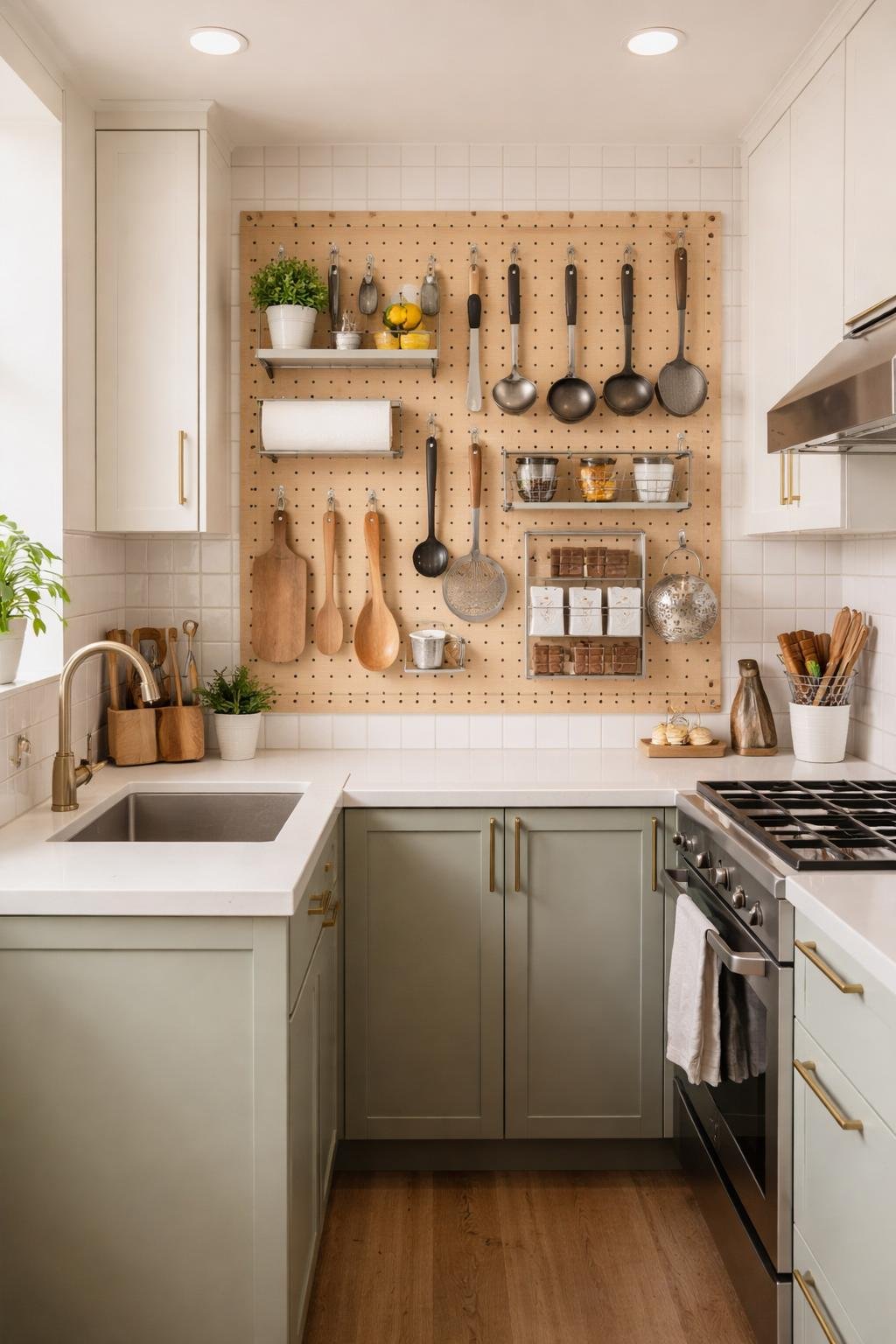 A small kitchen with a pegboard wall holding cooking utensils and chocolate bars, showing the entire kitchen including cabinets, stove, and sink.