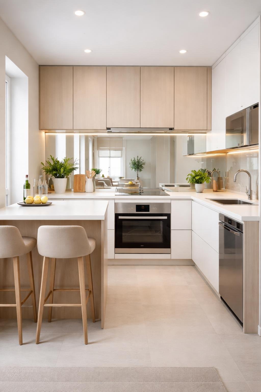A small kitchen with a mirror backsplash that makes the space look larger, showing the entire room with cabinets, countertops, appliances, and a kitchen island.
