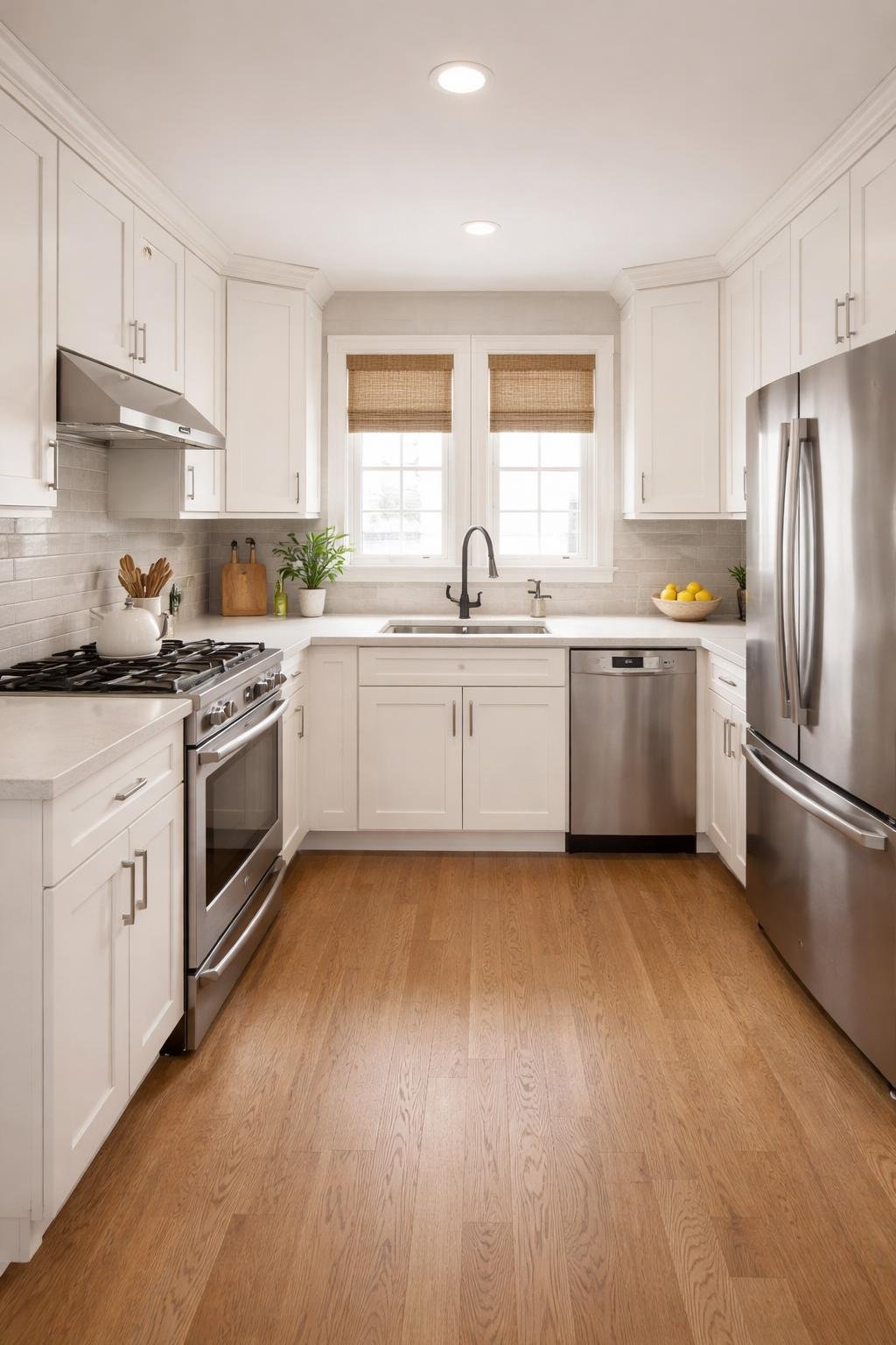 A wide view of a small kitchen featuring a corner sink, cabinets, countertops, and appliances arranged neatly in the space.