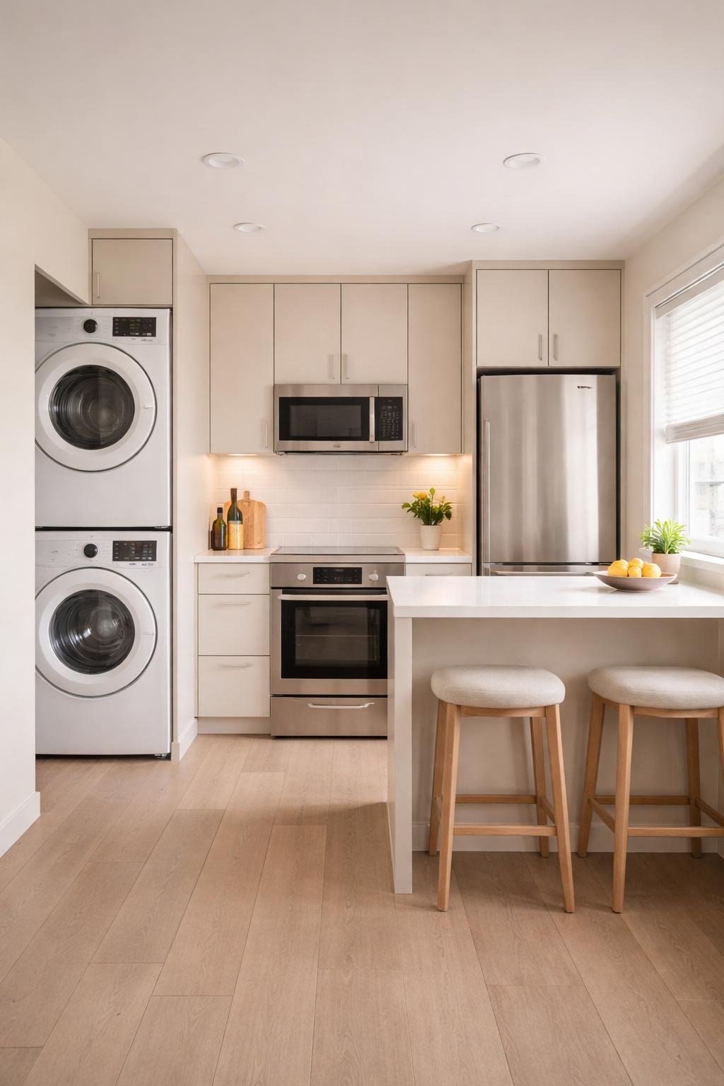 A small kitchen with stackable appliances and an organized layout, showing the entire room from a wide angle.