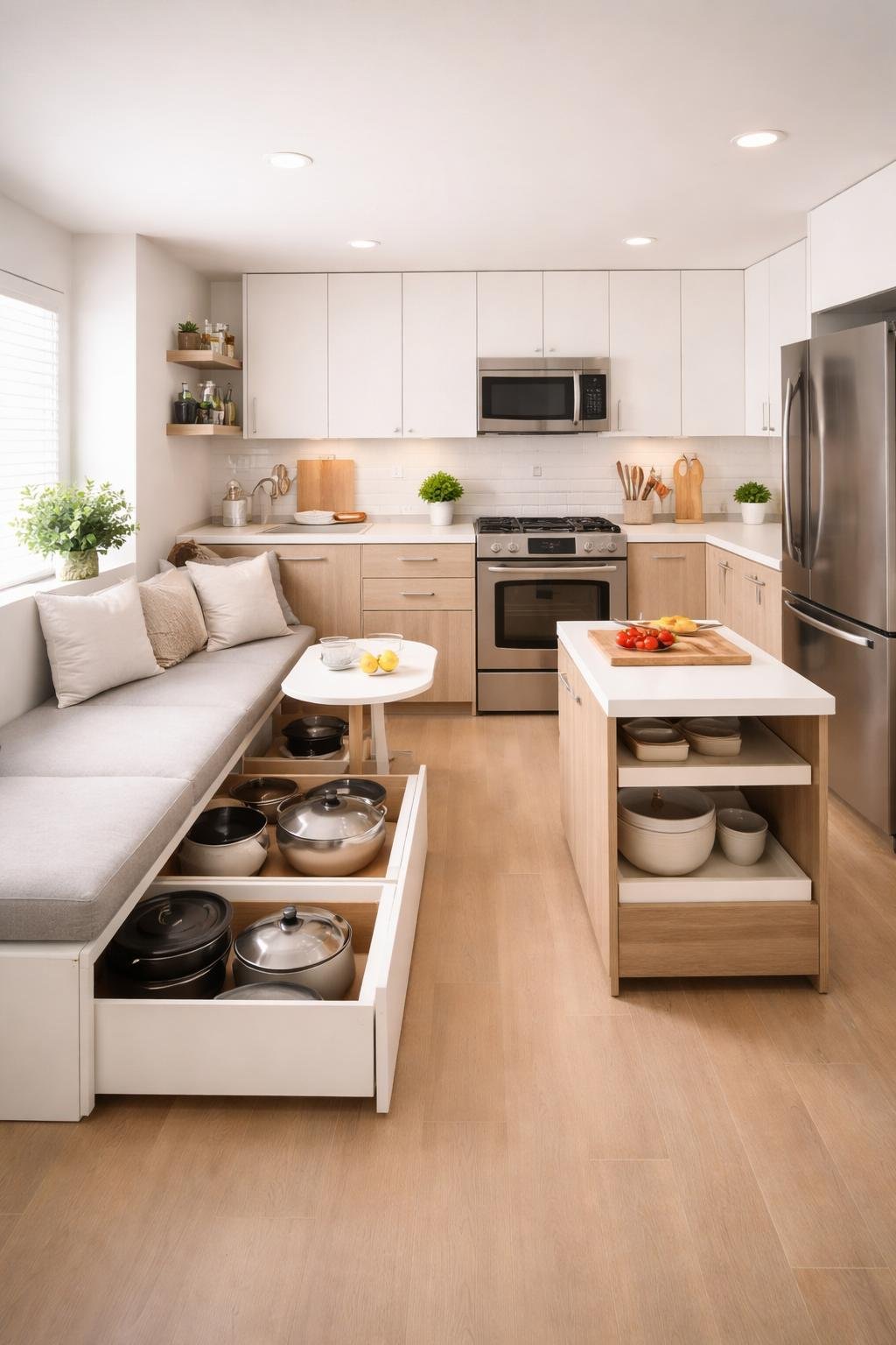 A small kitchen with a bench that has hidden storage for pots, showing the entire room with cabinets, appliances, and organized countertops.