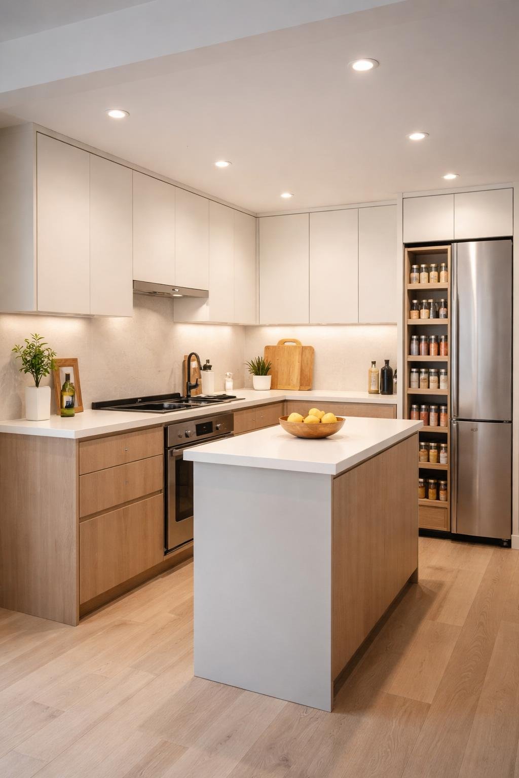 A full view of a small kitchen featuring modern cabinetry, a built-in spice rack integrated into the cabinets, appliances, and a countertop workspace.