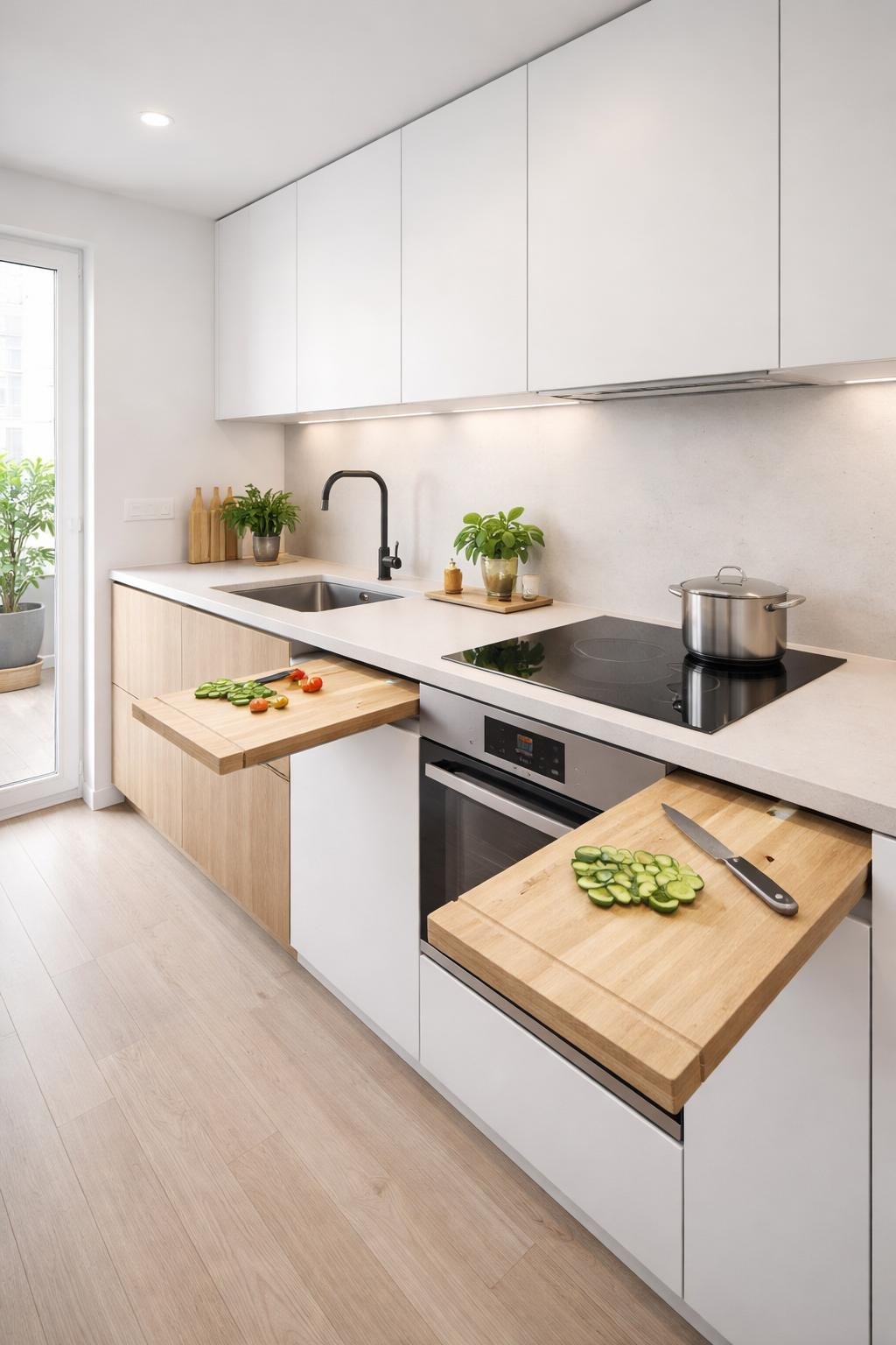 A small modern kitchen with slide-out cutting boards under the countertop, clean countertops, built-in appliances, and light wood flooring.