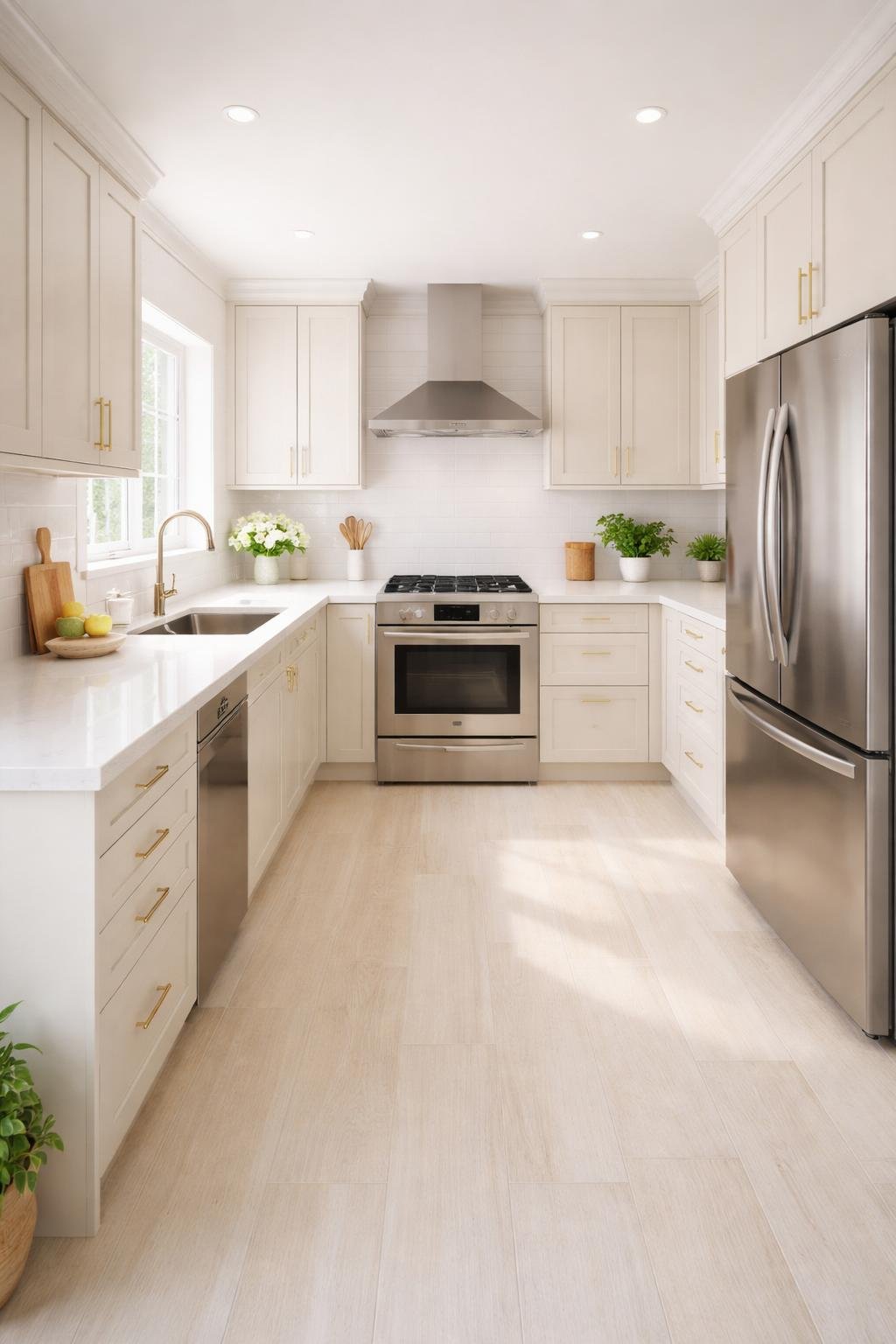 A small kitchen with light-colored flooring, modern cabinets, appliances, and a window letting in natural light, showing the entire room from a wide perspective.
