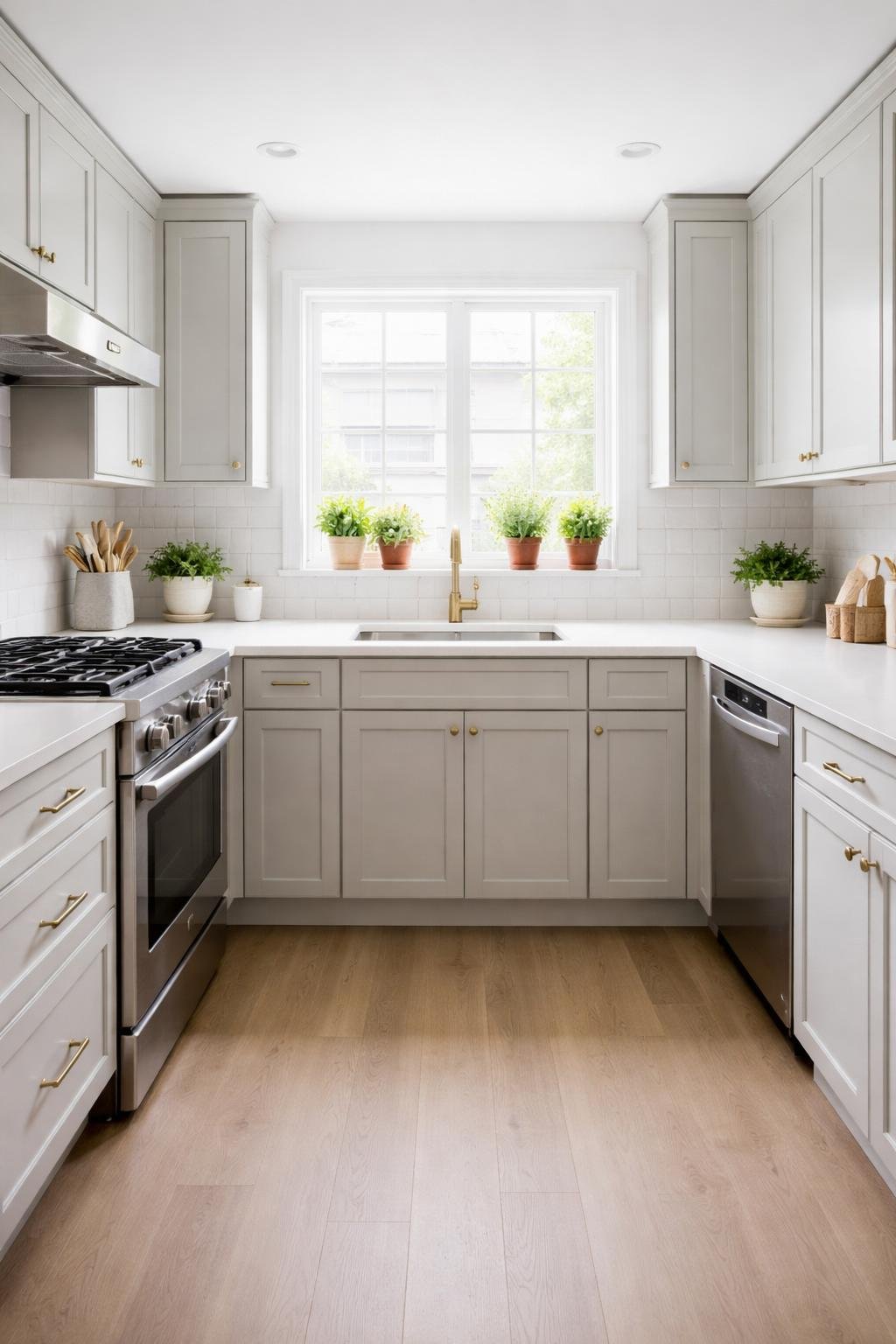 A small kitchen with a full view showing modern cabinets, a windowsill with potted herb plants including thyme, and a bright, organized cooking space.