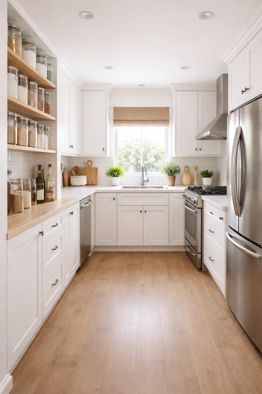 Wide view of a small kitchen with clear jars of pantry items on open shelves, modern cabinets, appliances, and a clean, organized layout.