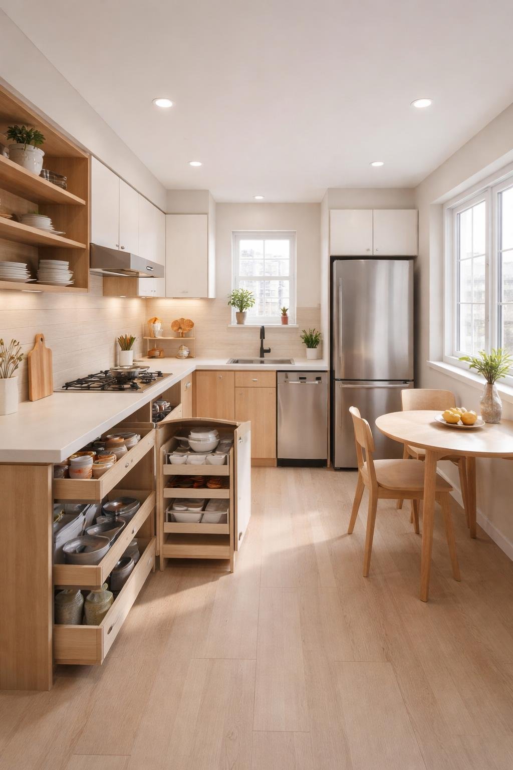 A full view of a small kitchen showing an organized and functional layout with cabinets, appliances, and a small dining area.