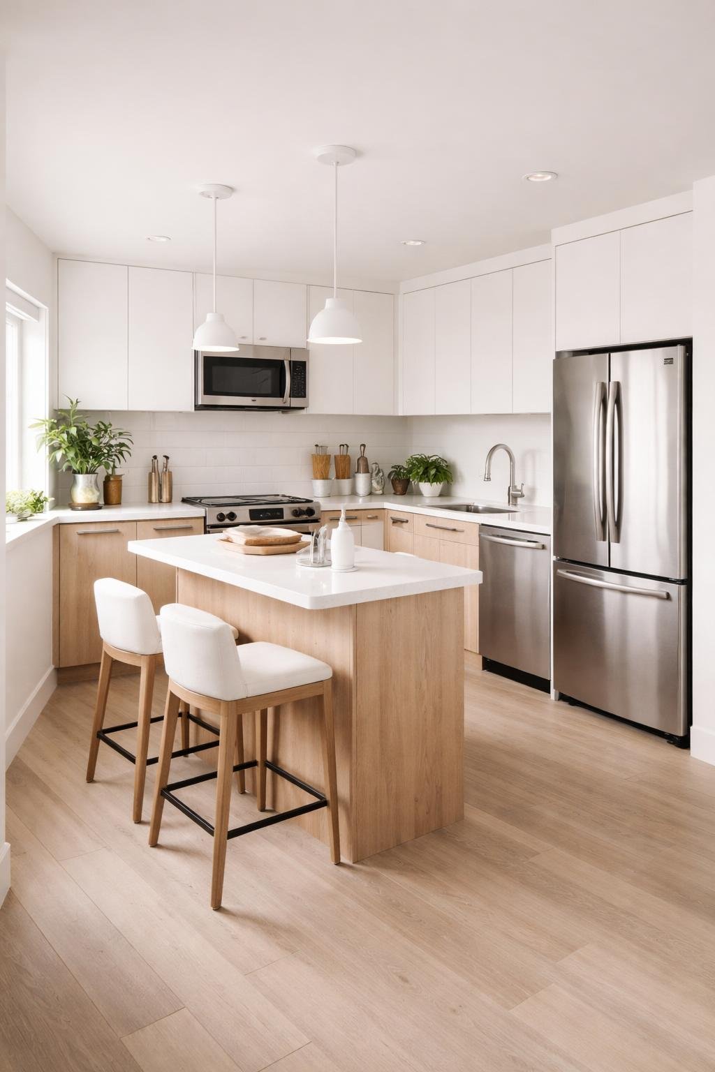 A wide view of a small remodeled kitchen with modern cabinets, countertops, appliances, a compact island with seating, and natural light coming through a window.