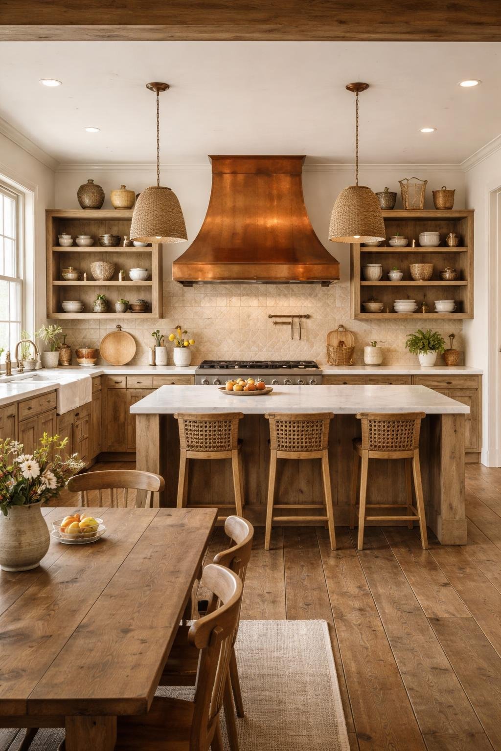Wide view of a spacious kitchen featuring a large copper range hood above the stove, wooden cabinets, open shelves, a farmhouse sink, and a wooden dining table.