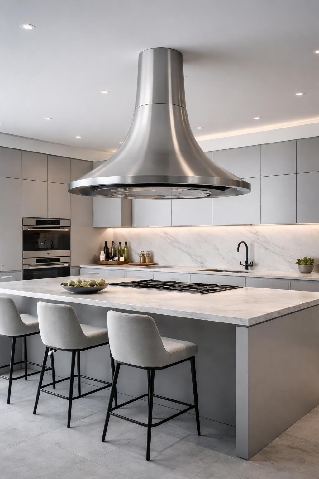 A wide view of a modern kitchen featuring a stainless steel range hood above the cooktop, with cabinets, countertops, an island, and seating visible in the room.