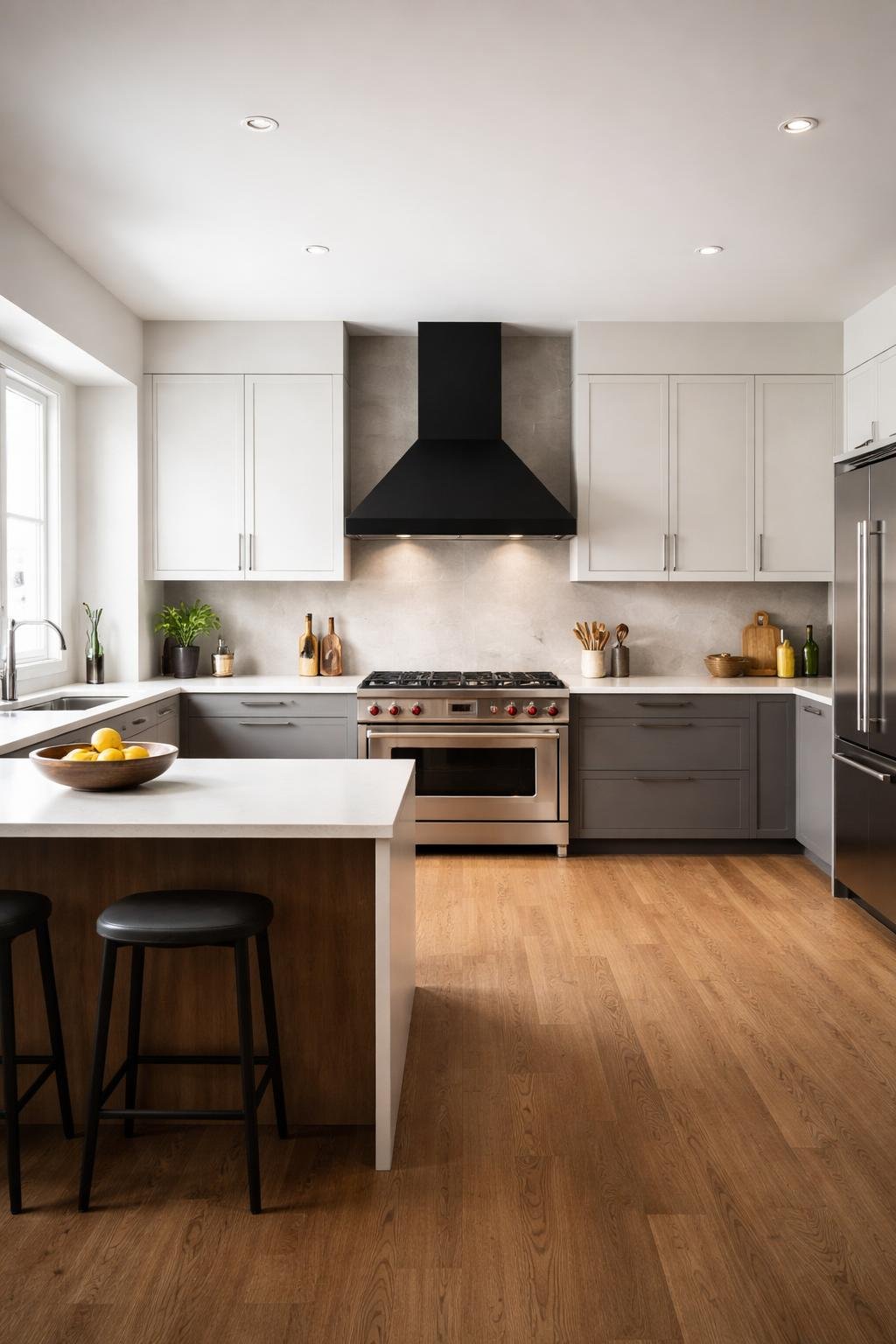 Wide view of a modern kitchen with a matte black range hood above the stove, showing the entire room with cabinets, countertops, and kitchen appliances.