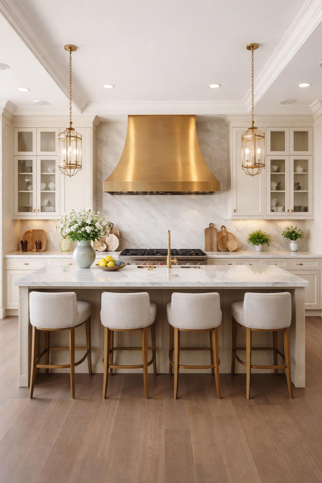 A wide view of a spacious kitchen featuring a brushed brass range hood above the stove, a large island, cabinetry, and modern appliances.