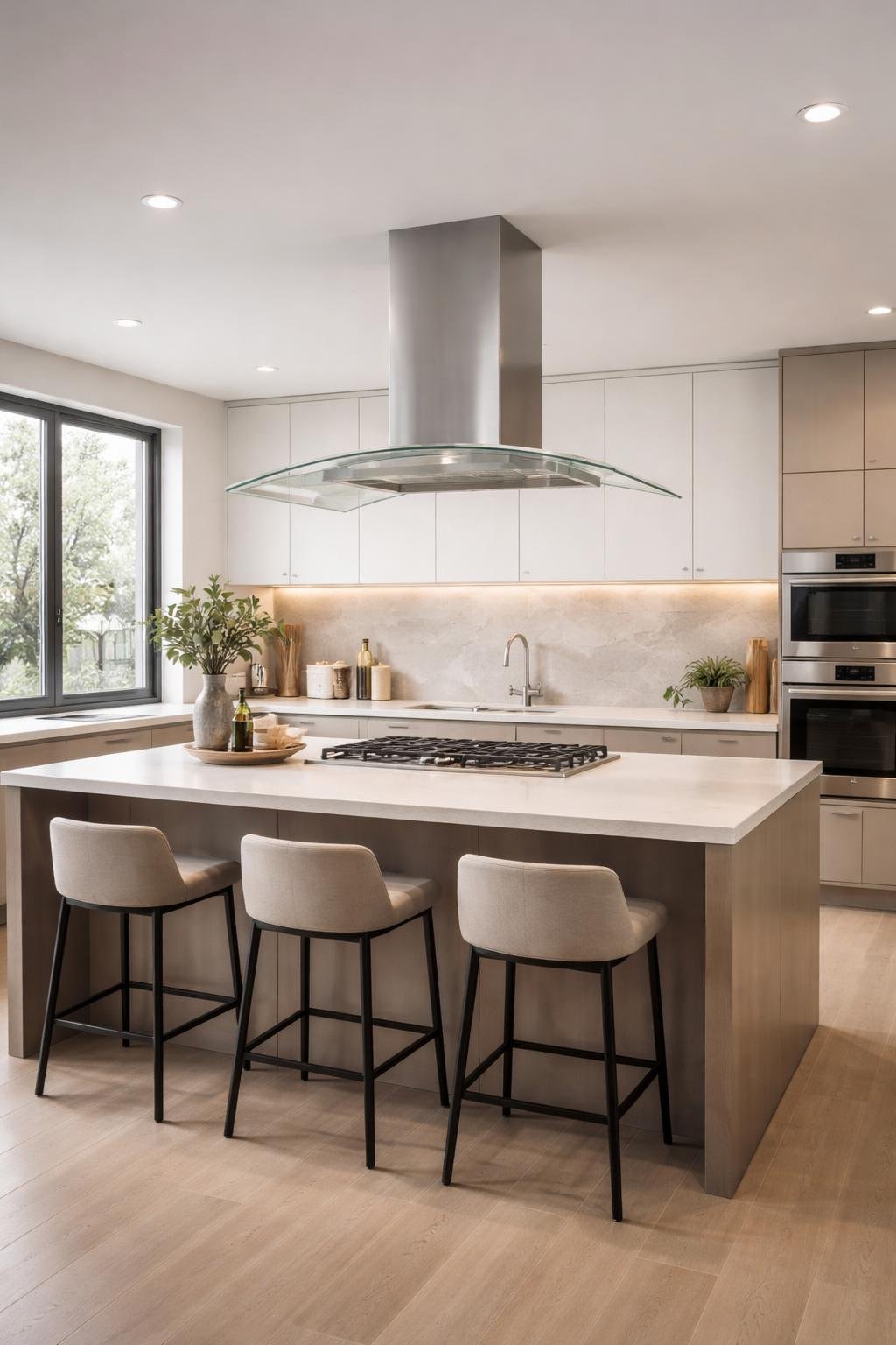 Wide shot of a modern kitchen featuring a transparent glass canopy range hood above the stove, with a kitchen island, cabinets, and large windows.