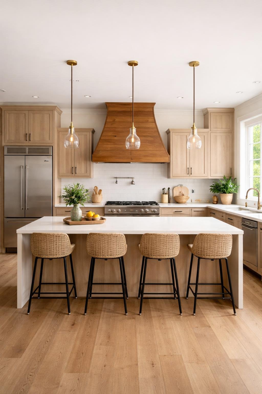 A wide view of a kitchen with a wood-accented range hood above the stove, wooden cabinets, countertops, an island with bar stools, and large windows letting in natural light.