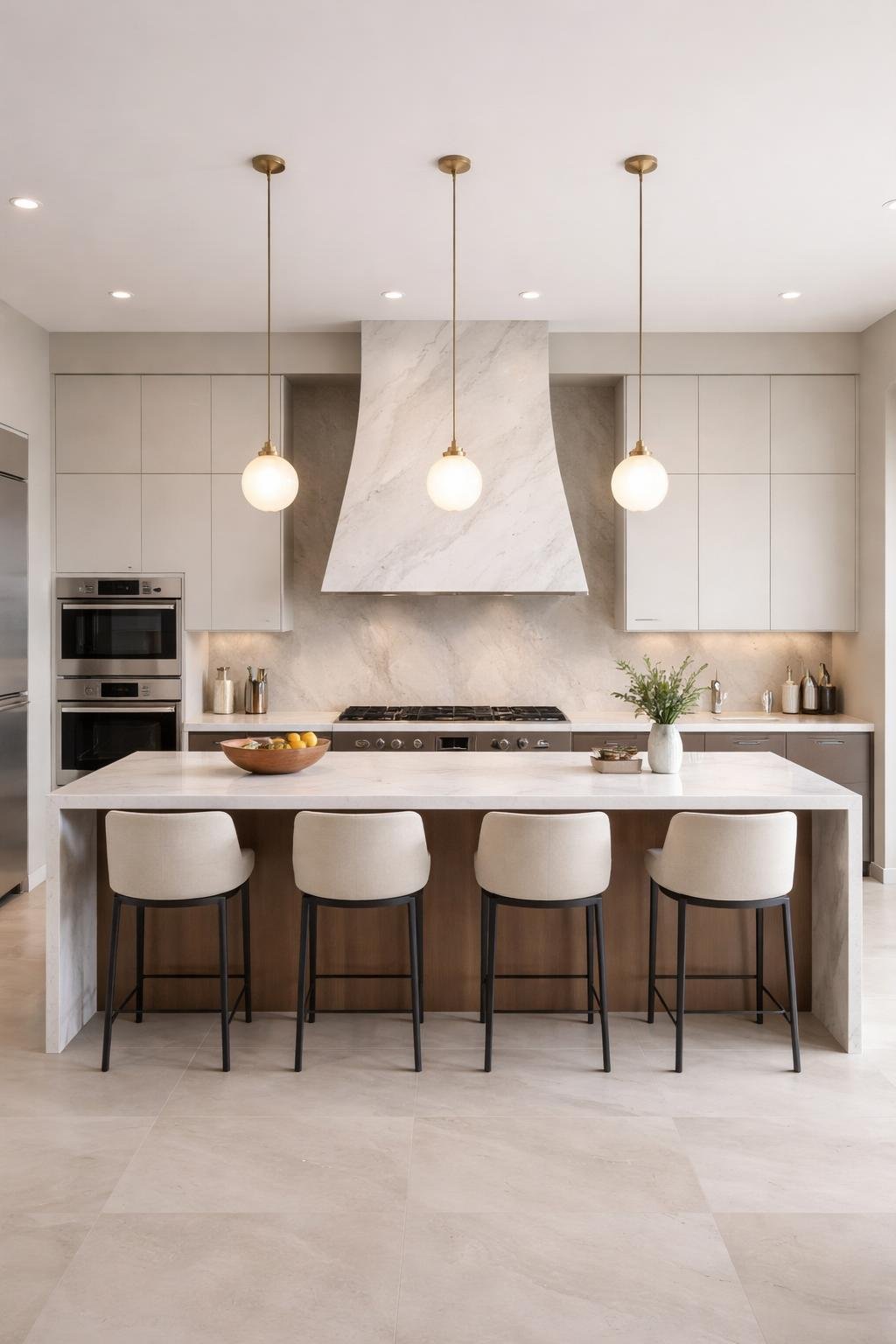 Wide view of a modern kitchen featuring a large quartz waterfall range hood above the cooking area, with an island, cabinets, and appliances visible throughout the room.